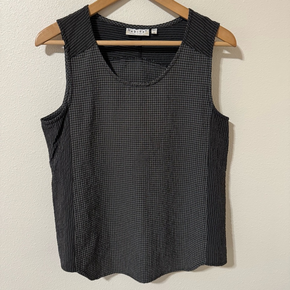 Habitat Mixed Check Stripe Sleeveless Blouse Black White Lagenlook Relaxed-Small